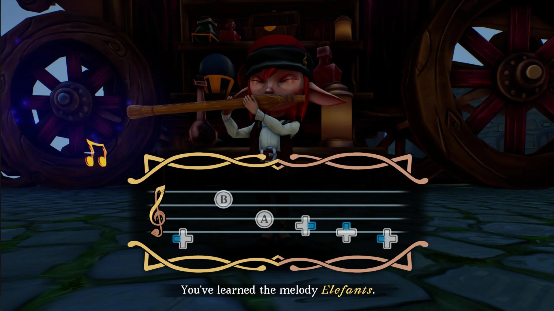 Nai plays a wooden flute beside wagon wheels while a staff overlay shows B and A buttons and the melody Elefants