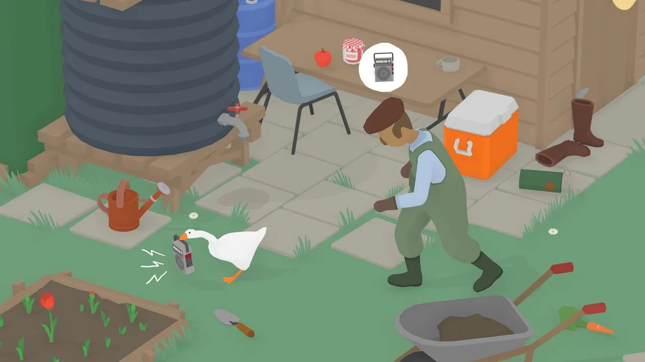 A white goose stands in a garden beside a gardener, a red wheelbarrow, and a water tank.