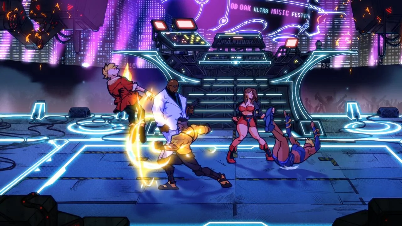 Neon concert stage brawl under a sign reading OD OAK ULTRA MUSIC FESTI