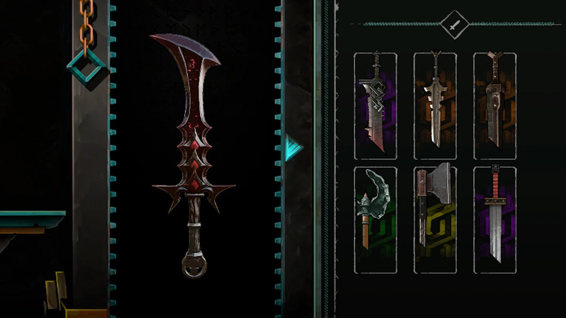 Weapon picker: large curved red blade and six smaller swords and axes on rune-backed cards