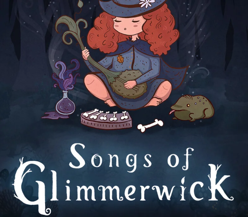 Cover: red-haired witch in a blue cape sits playing a round lute beside a purple potion flask, bone xylophone and a frog, Songs of Glimmerwick title