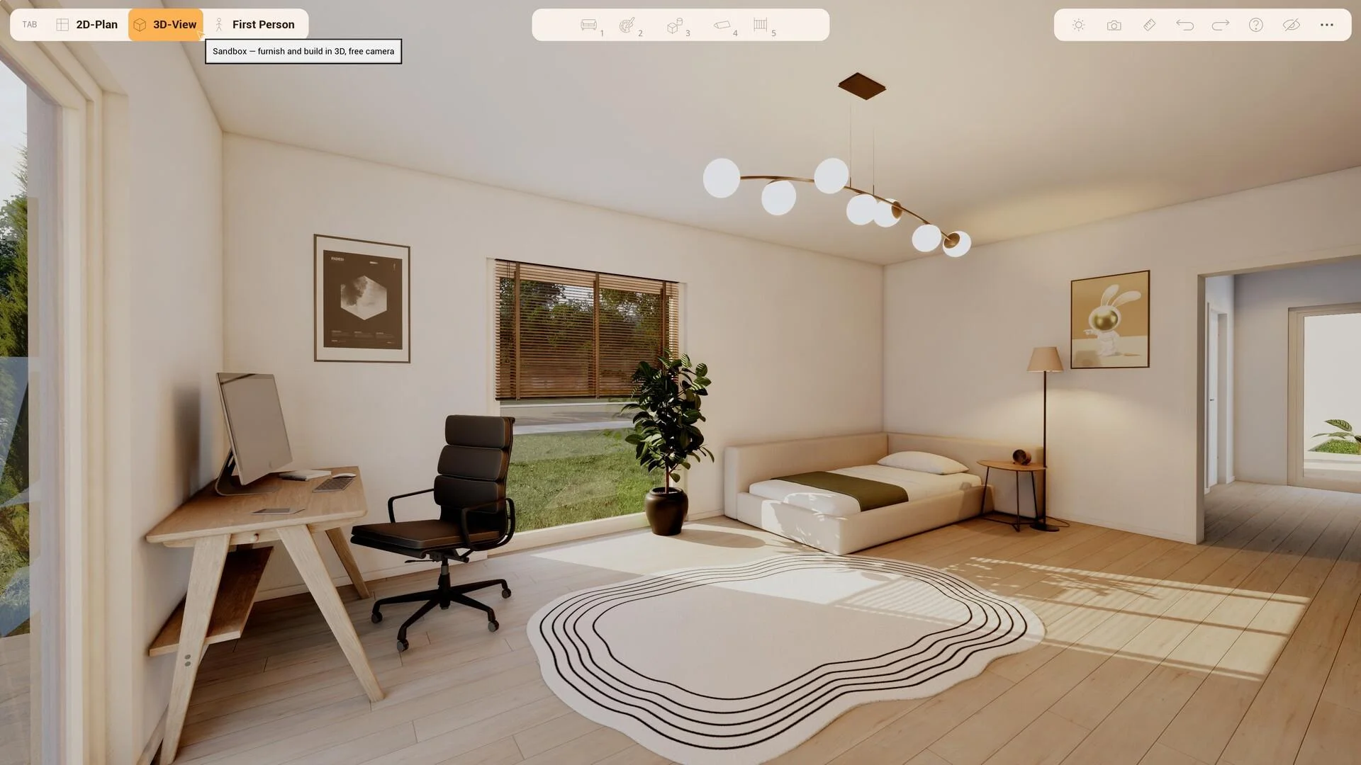 Sandbox tooltip furnish and build in 3D free camera, bedroom wavy rug six-orb lamp