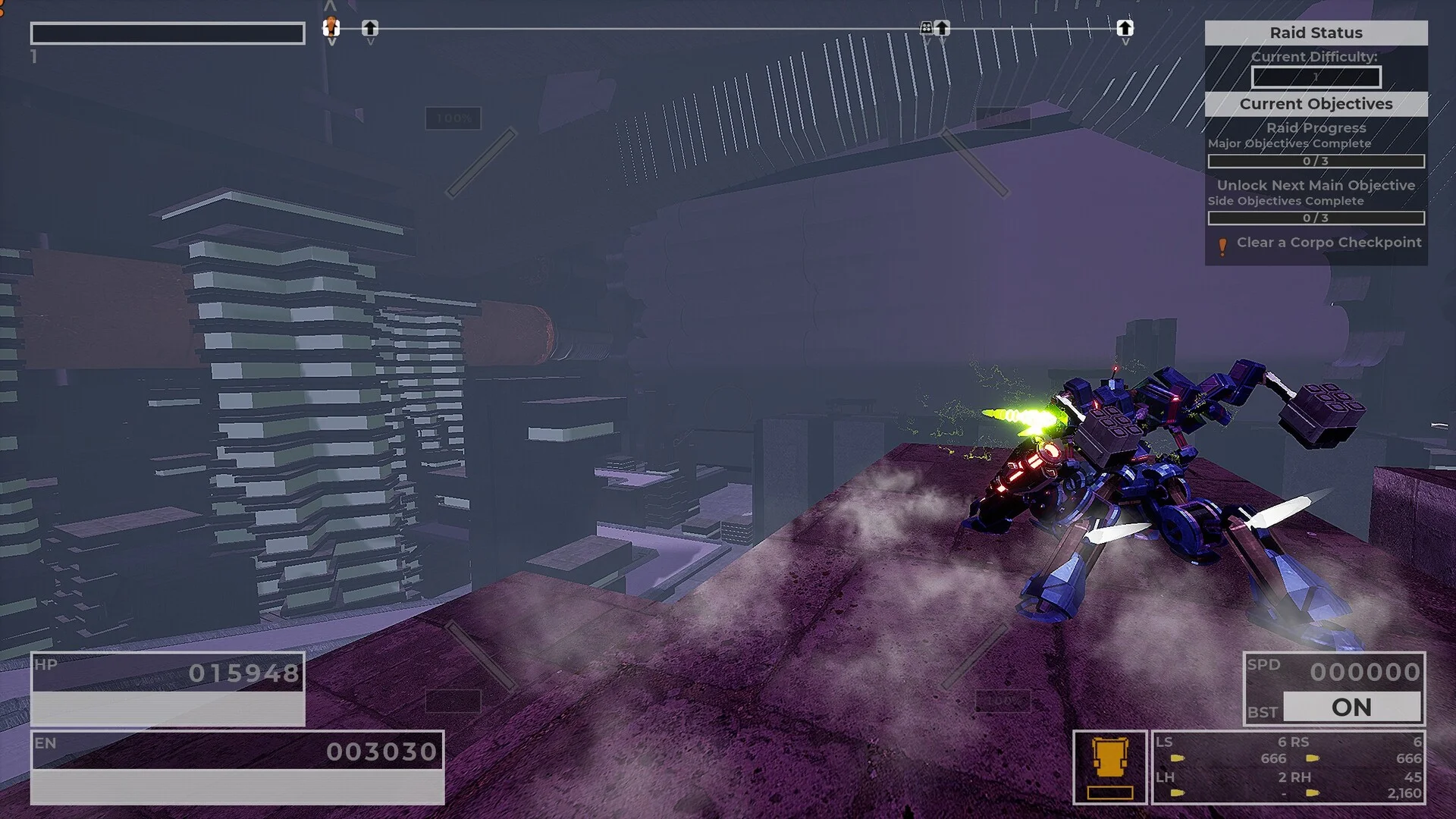 Hammer-claw mech in a purple hangar, Clear a Corpo Checkpoint, HP 015948