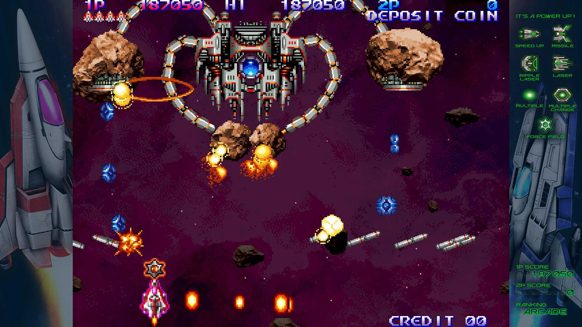A bronze mechanical boss on a purple starfield.