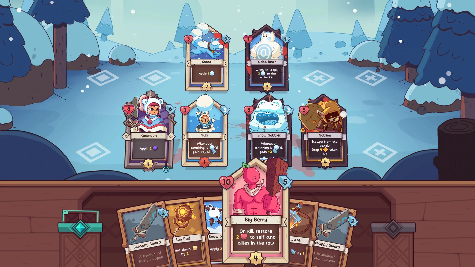 Snow battle: Keemoon, Snoof, Yuki vs Ooba Bear, Snow Gobbler, Gobling, Big Berry in hand