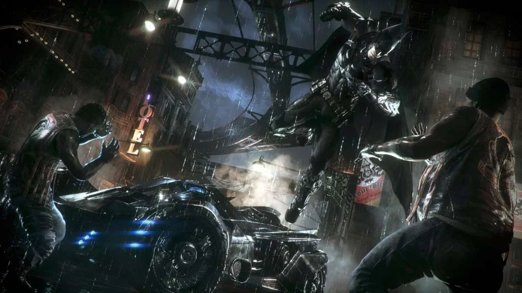 Arkham Knight Batmobile on a Gotham street