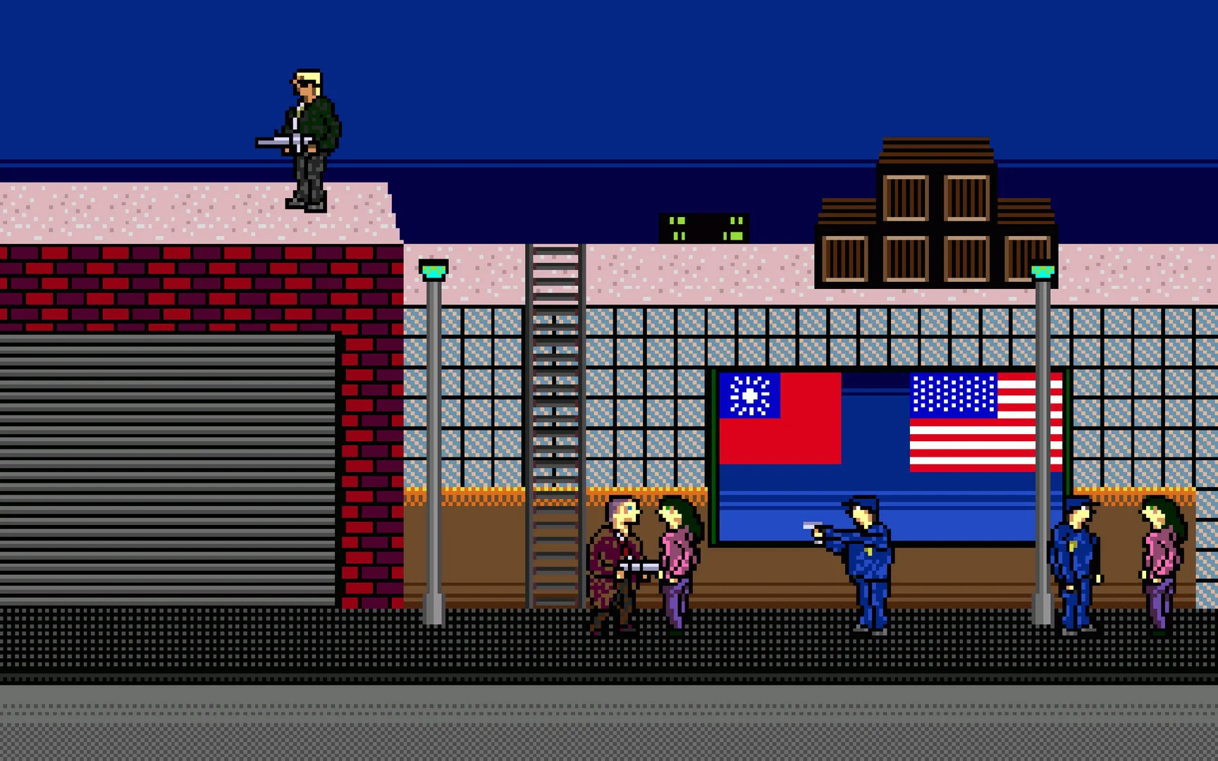 Rooftop gunman above a street mural of Taiwan and USA flags