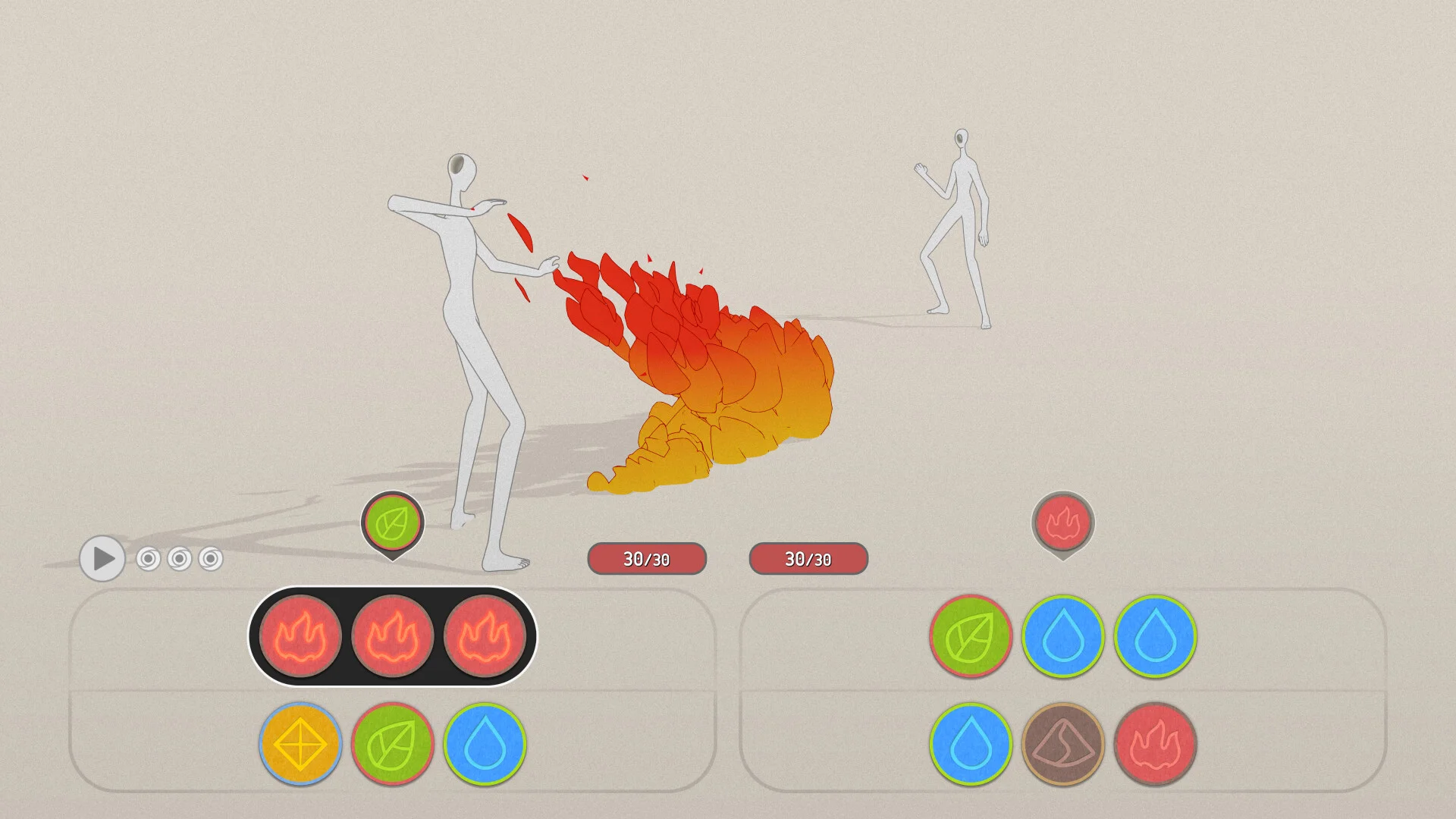 White figure throwing a fire burst; three fire gems matched; both health bars 30/30