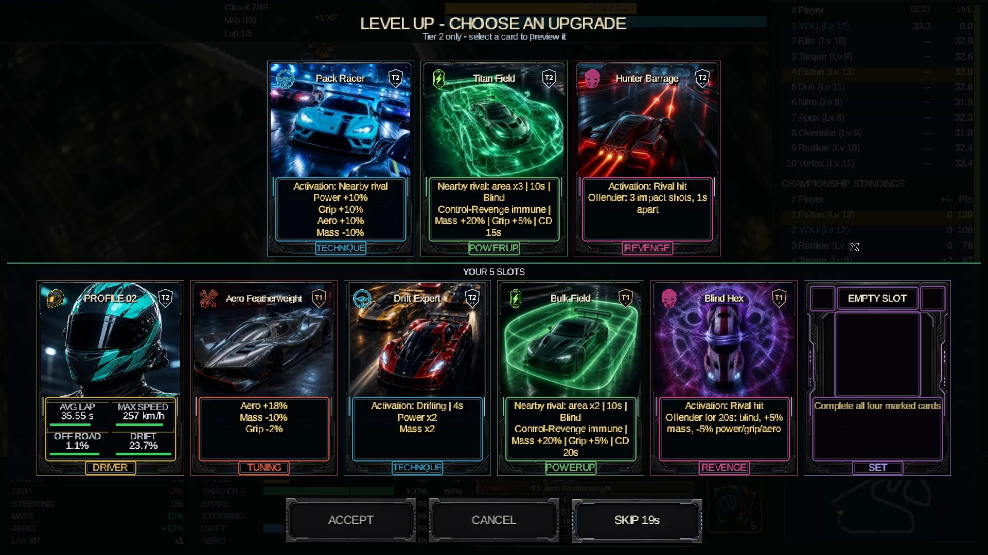 Rogue Circuit level-up choice with Pack Racer, Titan Field and Hunter Barrage cards