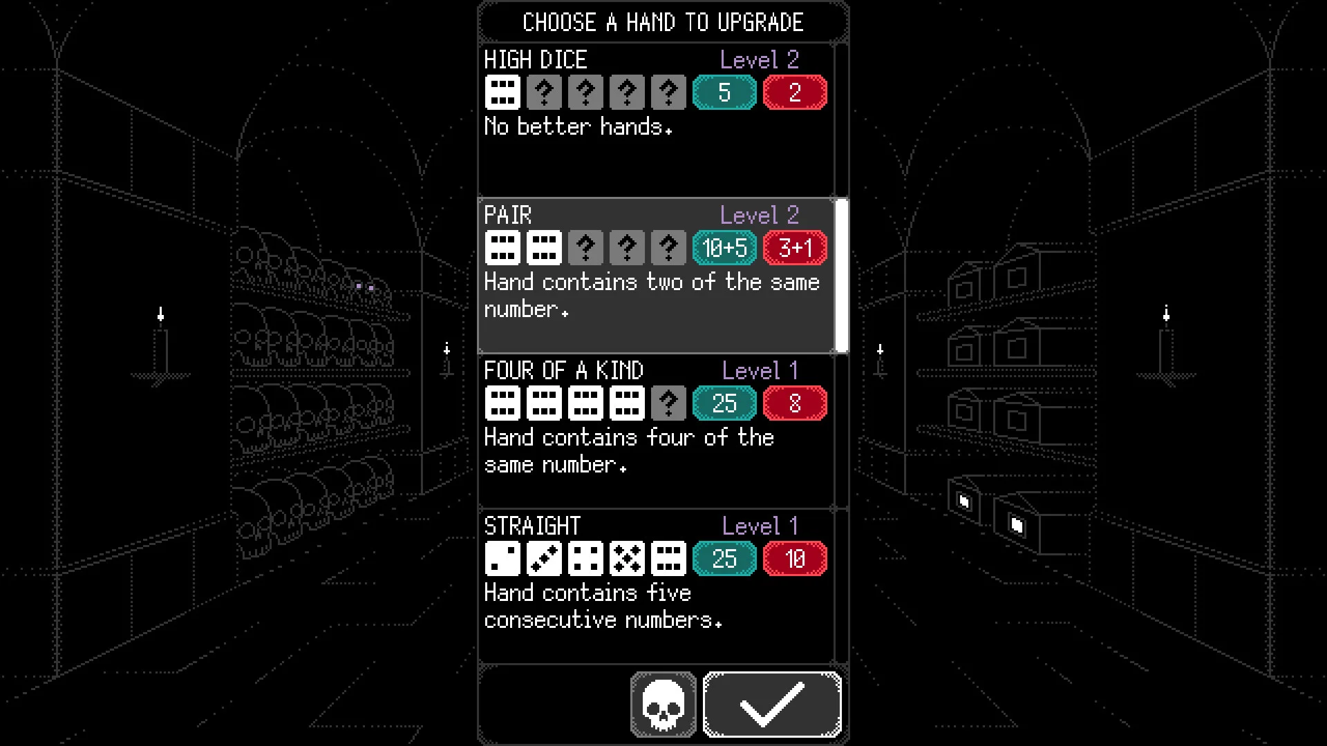Choose a hand to upgrade panel, Pair selected at level 2 among High Dice, Four of a Kind and Straight