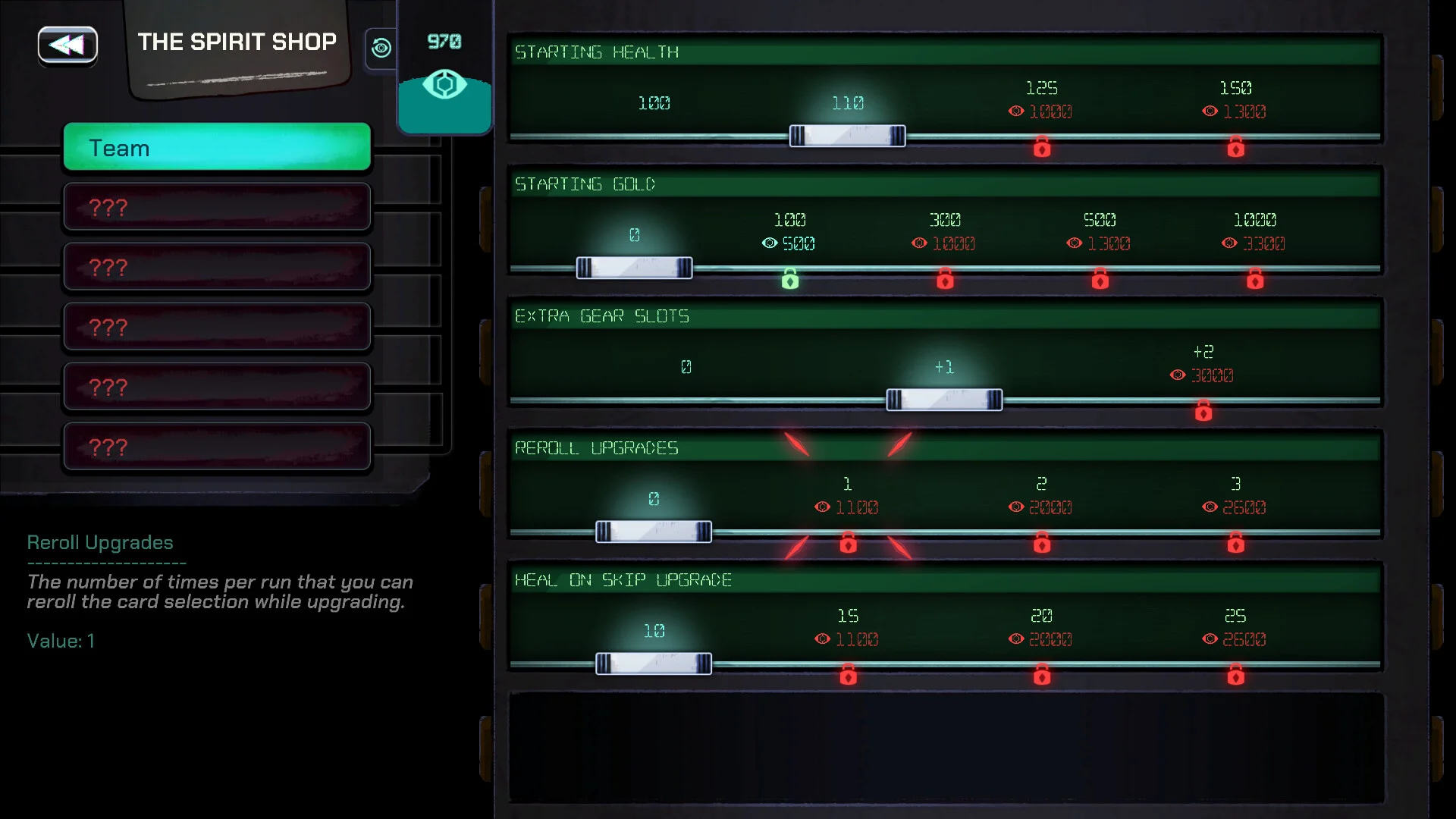 THE SPIRIT SHOP: Starting Health, Starting Gold, Extra Gear Slots, Reroll Upgrades sliders