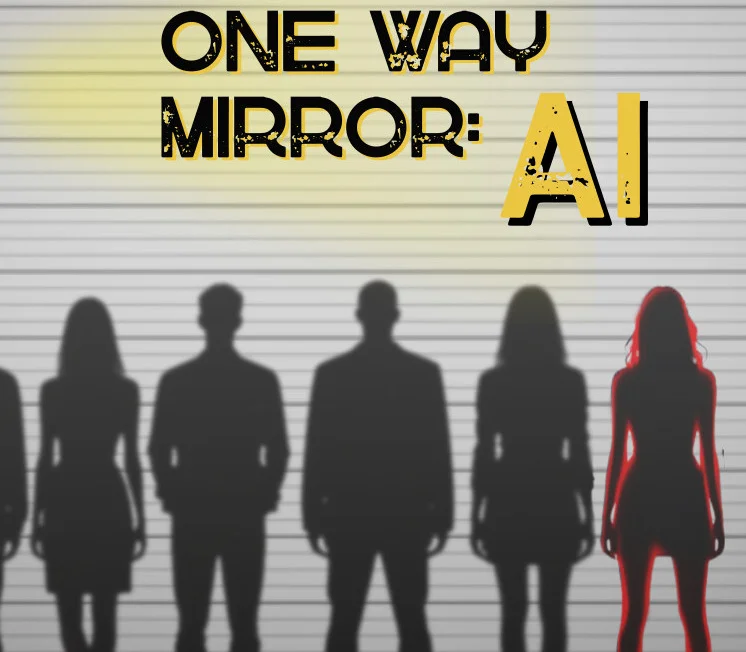 One Way Mirror AI cover, neon investigation detective noir