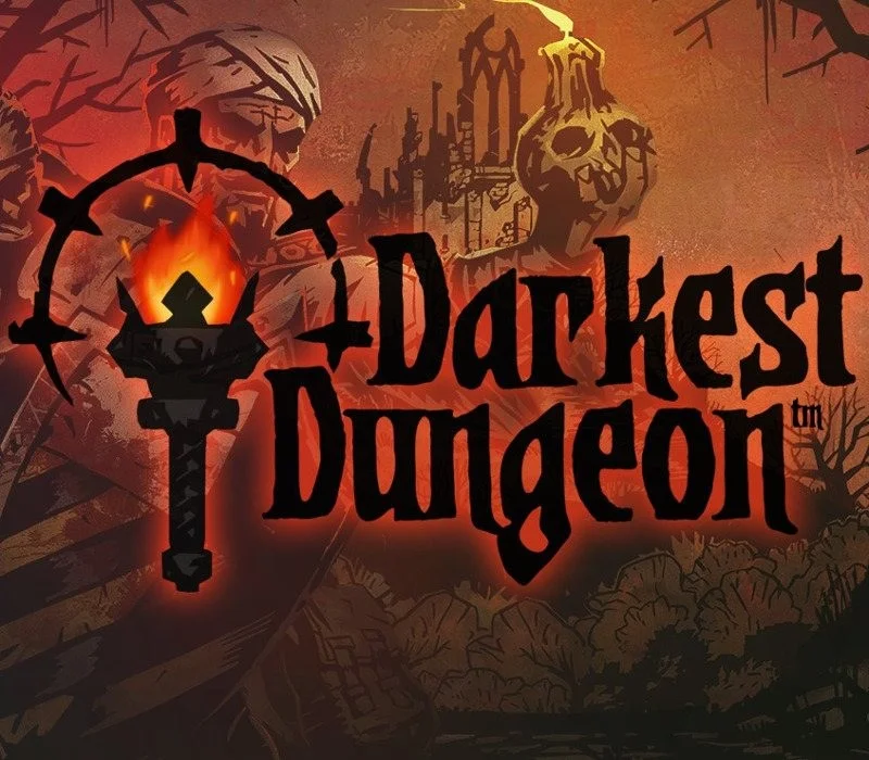 Darkest Dungeon cover: bandaged crusader, spiked iron torch with flame, skull-tower behind the title
