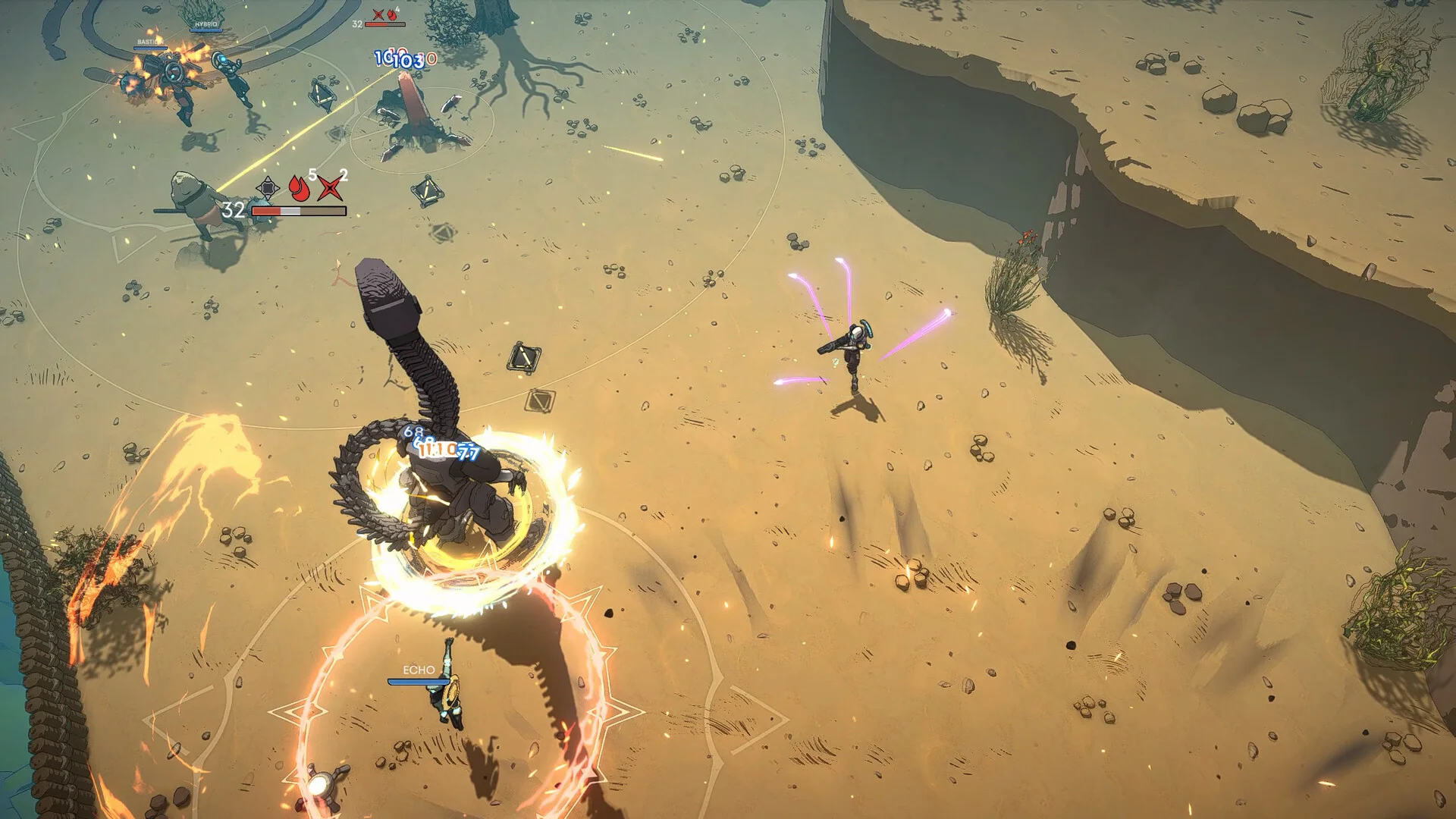 Desert: coiled sand serpent in a fire ring, purple-trail fighter, ECHO ally and 32 HP