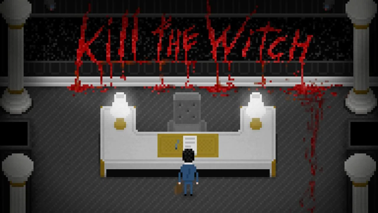 Pixelowa recepcja z lampami, czerwone litery KILL the WITCH nad biurkiem, mężczyzna w niebieskim garniturze między kolumnami