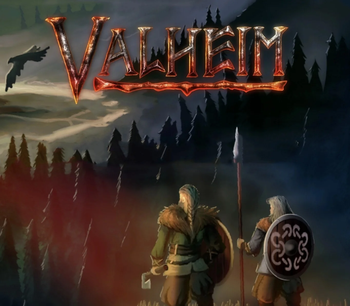 VALHEIM cover, two braided Vikings with axe, spear and round shields facing a misty pine lake, a raven overhead