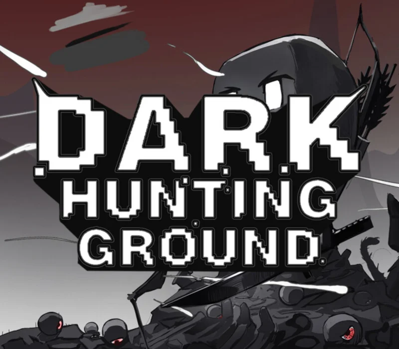 Okładka Dark Hunting Ground, pixelowy łowca w hełmie z mieczem nad stosem czarnych stworzeń z czerwonymi oczami, biały tytuł na czarnym rombie