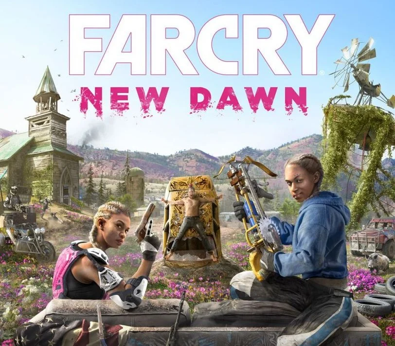 Far Cry New Dawn key art: the Twins on a sofa in pink flowers, a man strapped to a yellow car, a wooden church behind them