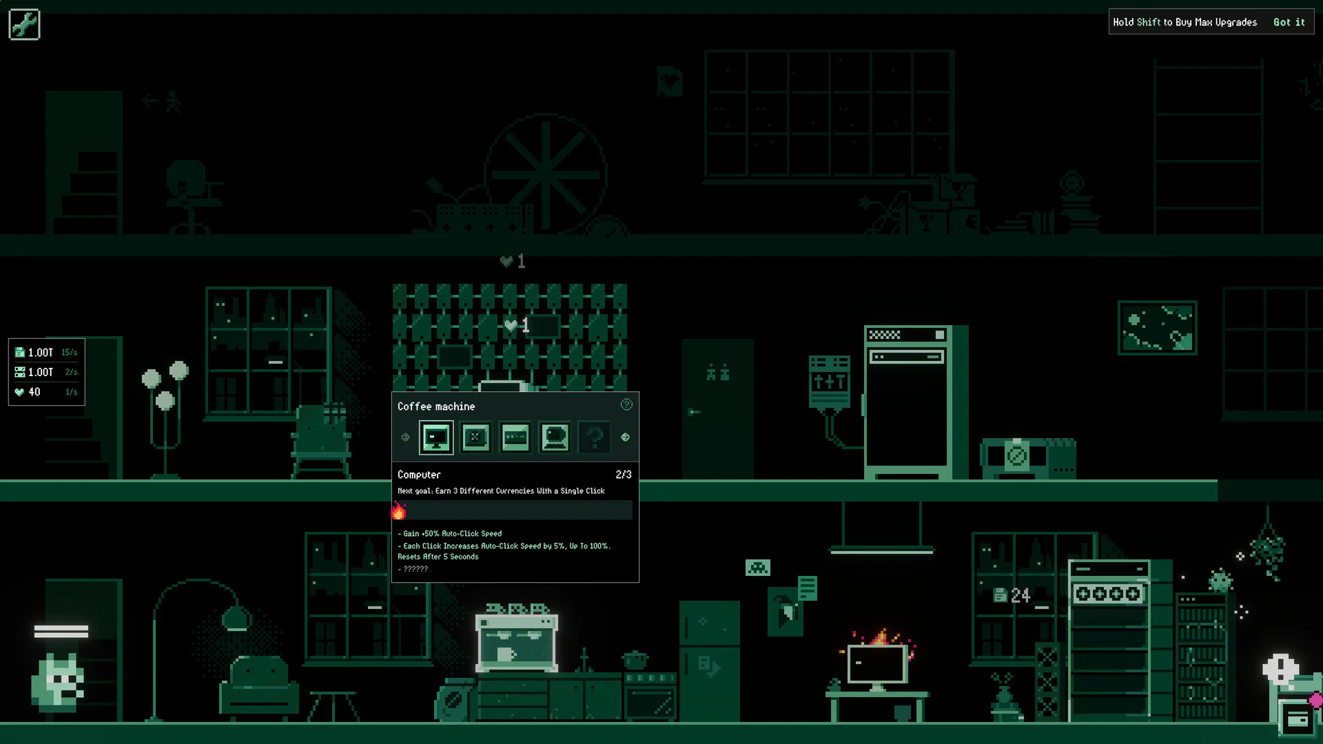 Three-storey pixel office with a Coffee machine and Computer panel; auto-click upgrades and a small fire on a monitor