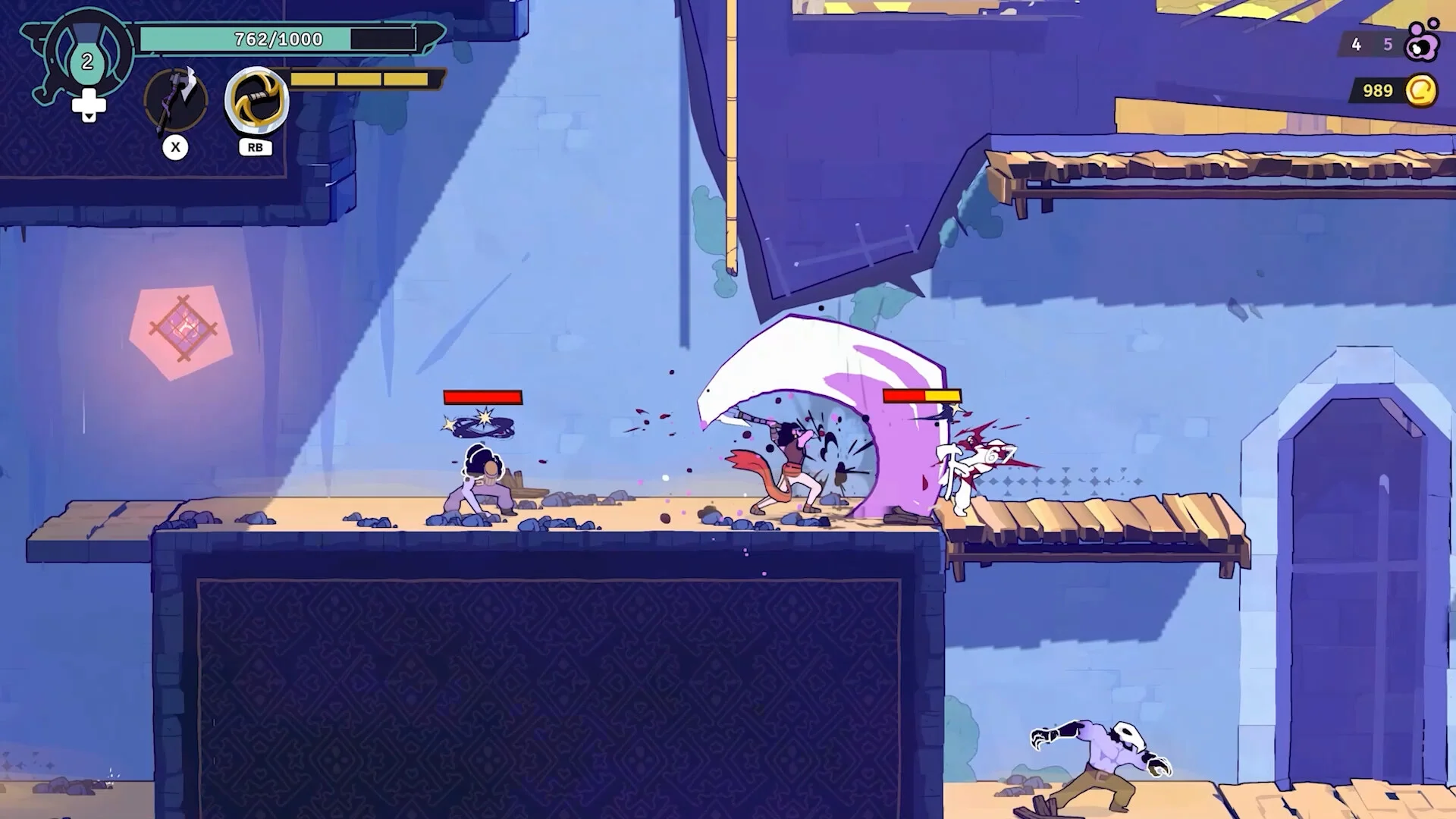 Side-scrolling fight on a stone ledge: the prince in a red sash strikes with a pink crescent slash while a pale enemy falls, HUD 762 of 1000 at top left