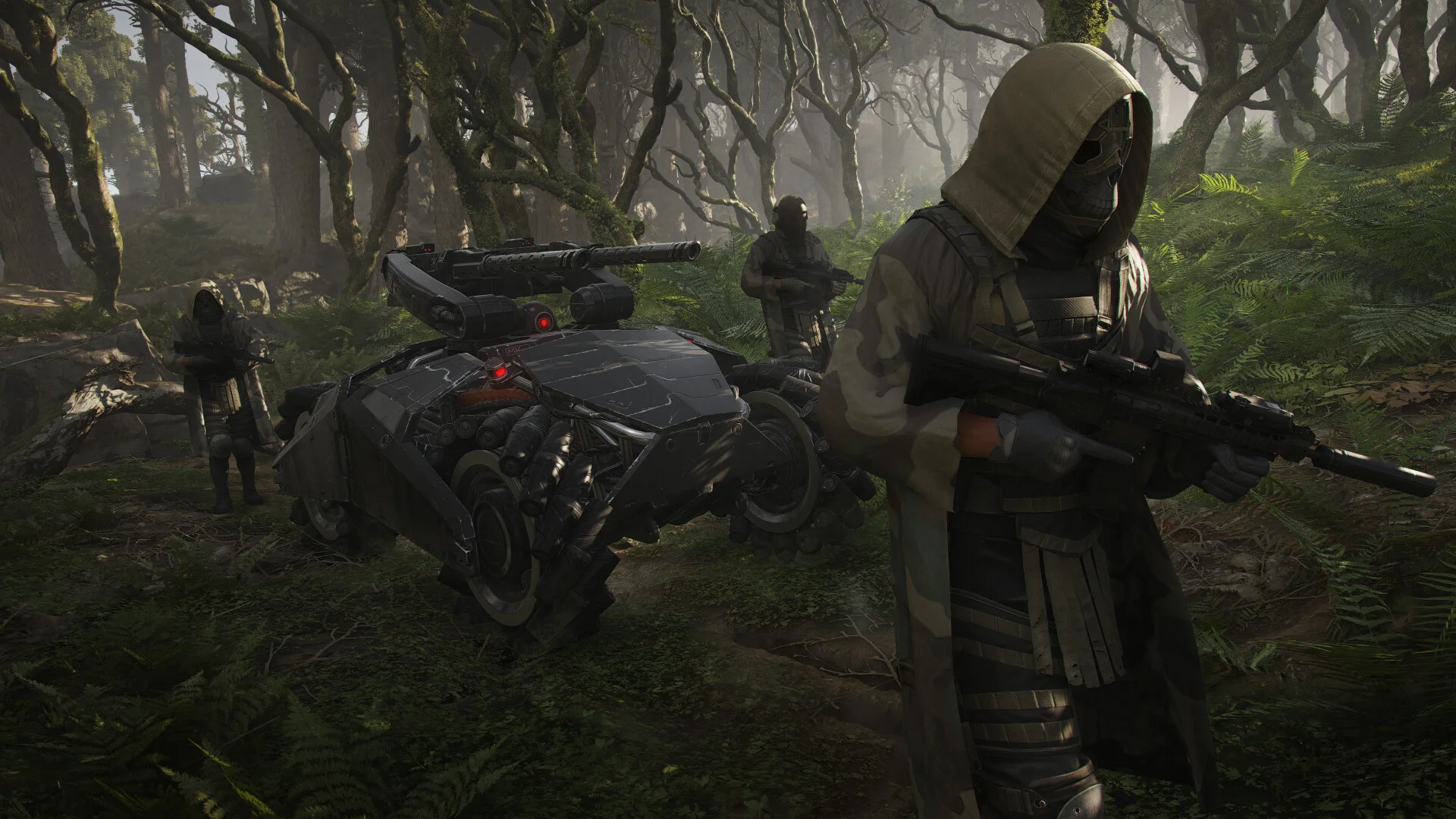 Hooded Wolves with a wheeled drone turret in a fern forest, sniper in a camo coat in the foreground