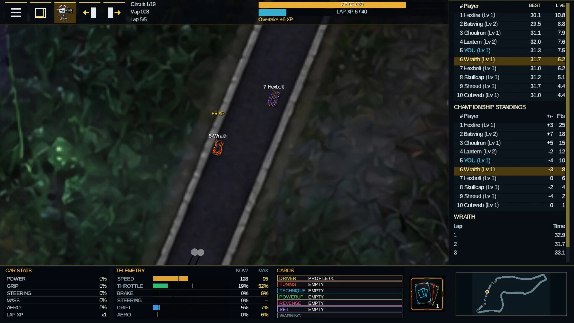 Rogue Circuit overhead race with Wraith and Hexbolt beside live standings and loadout slots