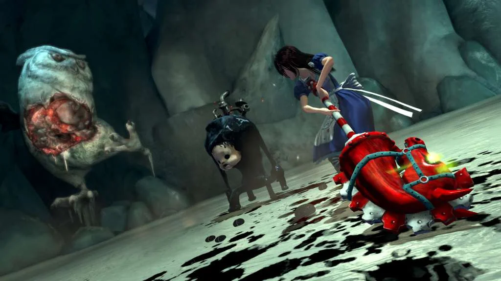 Alice with a blade facing a red creature.