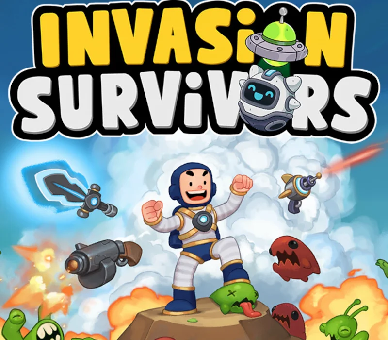 Okładka Invasion Survivors, uśmiechnięty astronauta na skale z unoszącymi się bronią, robotem i zielonymi obcymi