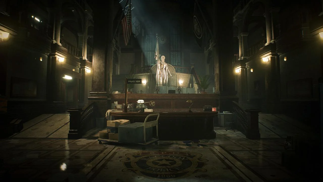 Raccoon Police lobby with a statue, police desk sign and 1889 floor seal