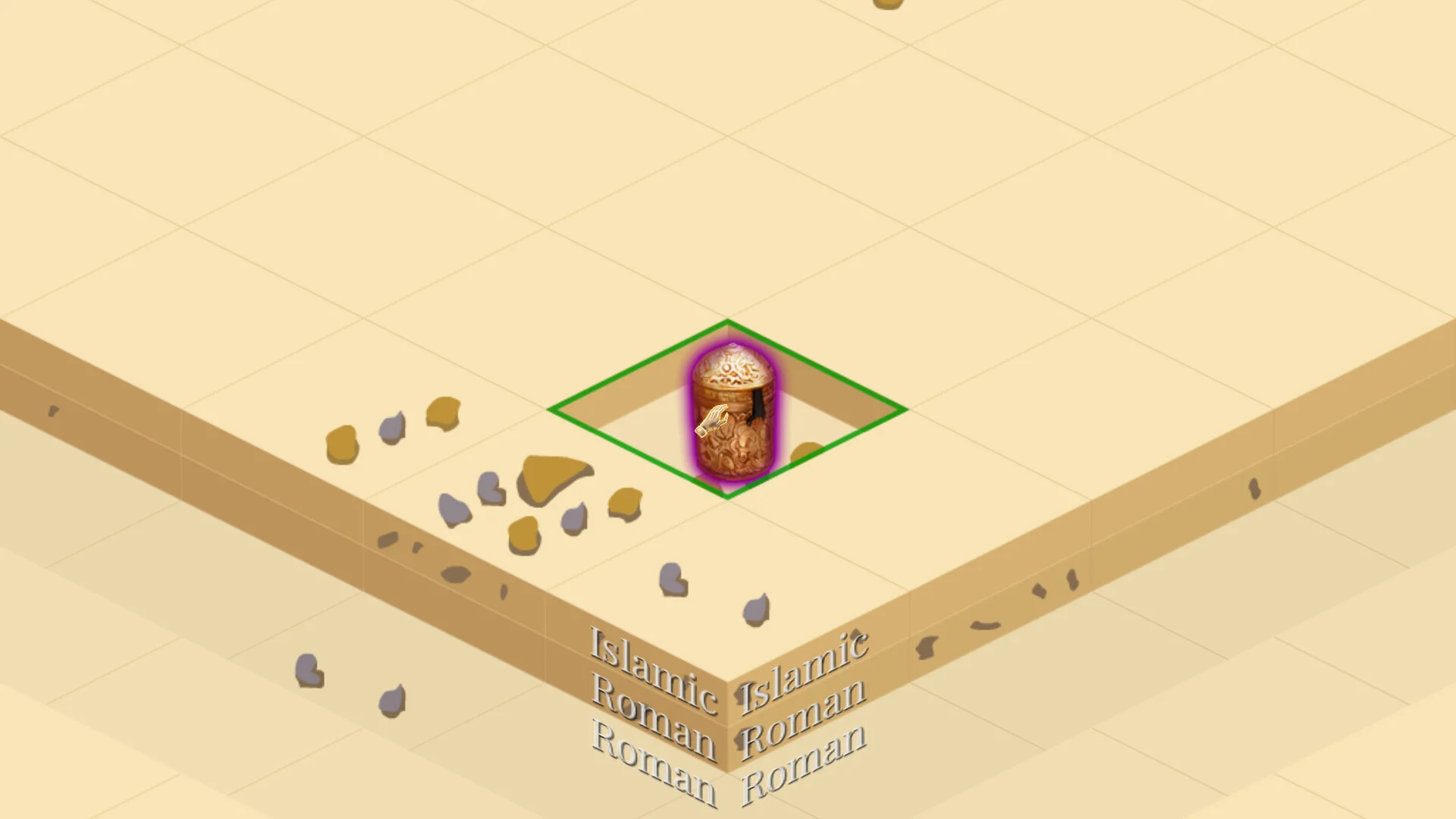 Isometric sand layers labeled Islamic and Roman, green diamond around a pink-glowing ram-carved jar