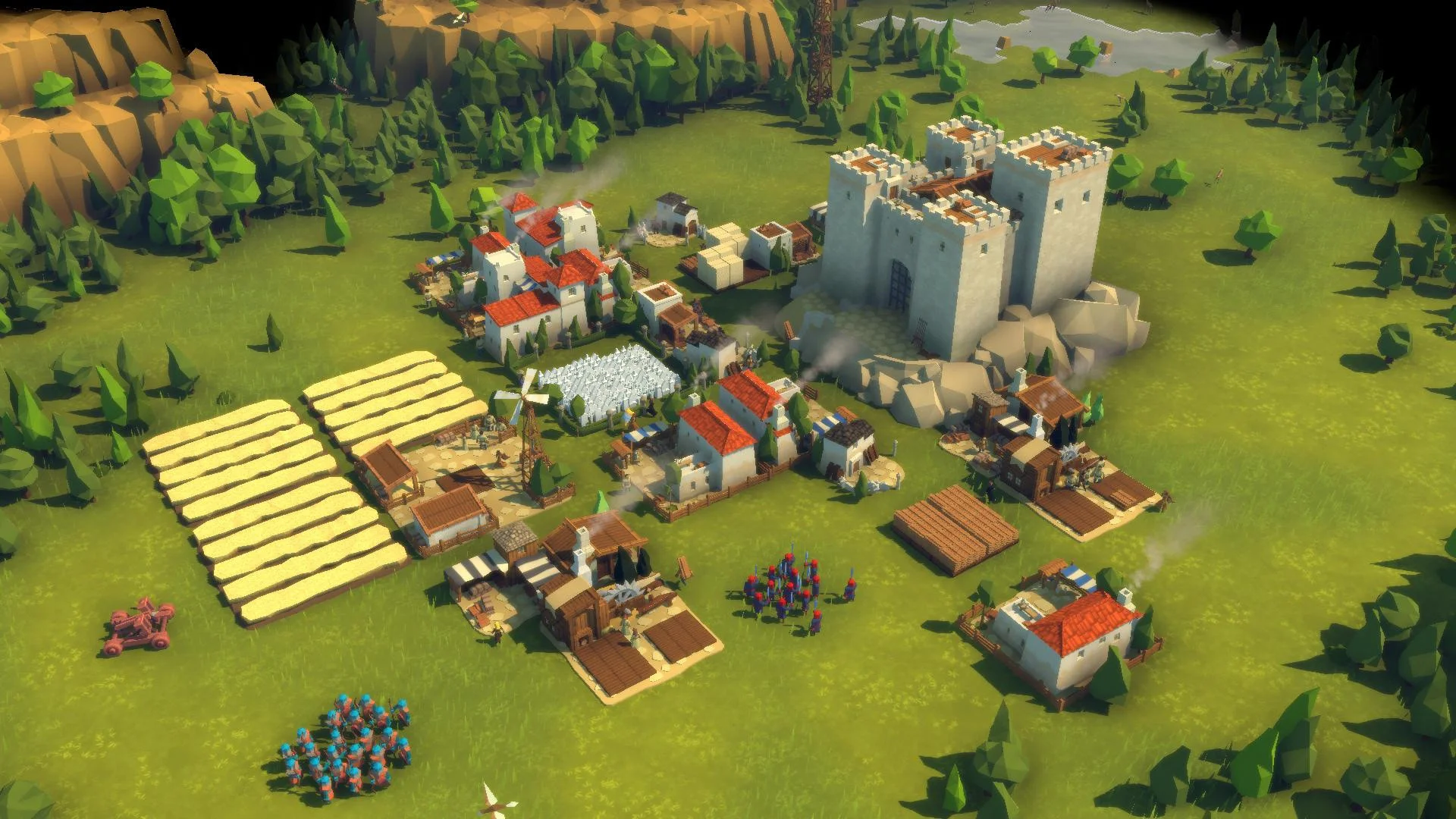 Two-tower keep on a rock, village with red roofs, yellow fields, blue and red troops on the grass, woods and cliffs around