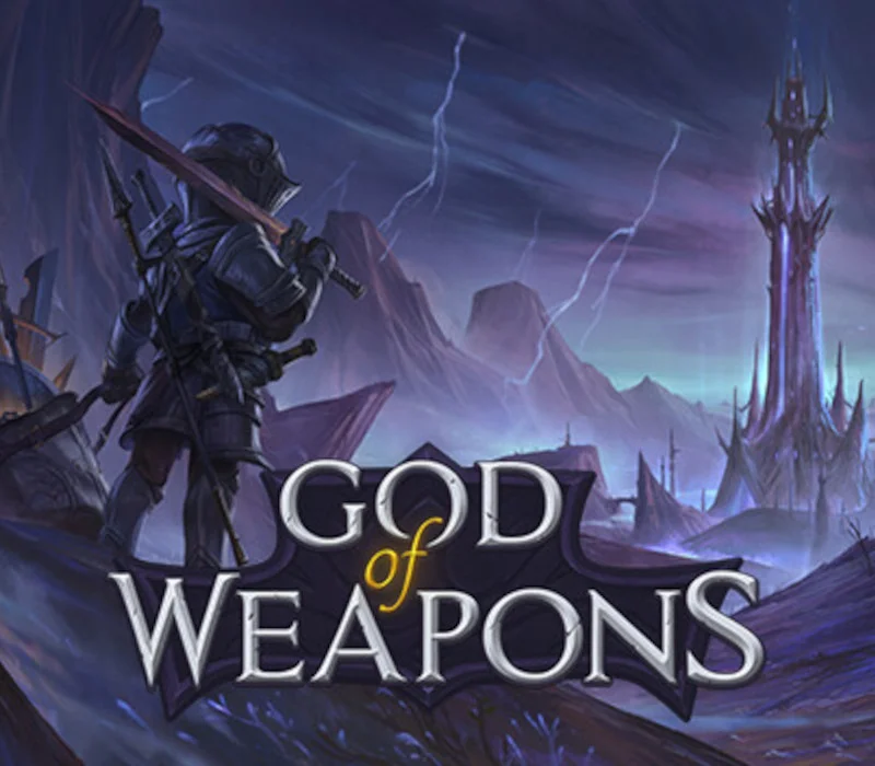 God Of Weapons cover: an armored knight with a greatsword facing a lightning-struck tower