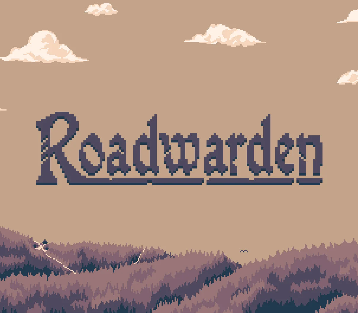 Roadwarden cover, beige sky, five small clouds, dark pixel title Roadwarden underlined, purple forest ridge below