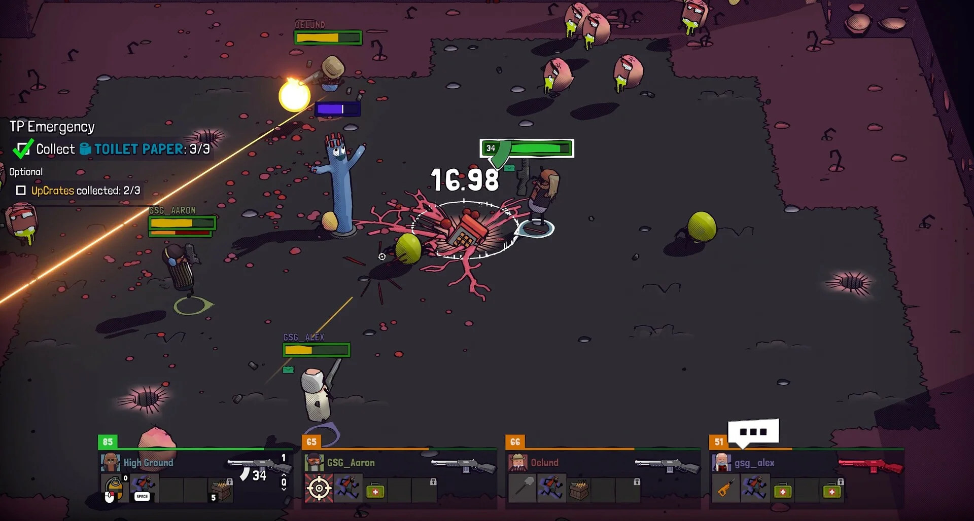 TP Emergency: Collect TOILET PAPER 3/3, blue tube creature, 16.98 timer, four loadout bars