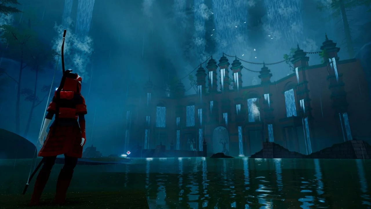 Archer in red facing a flooded temple in rain, bow on the back, water at the steps