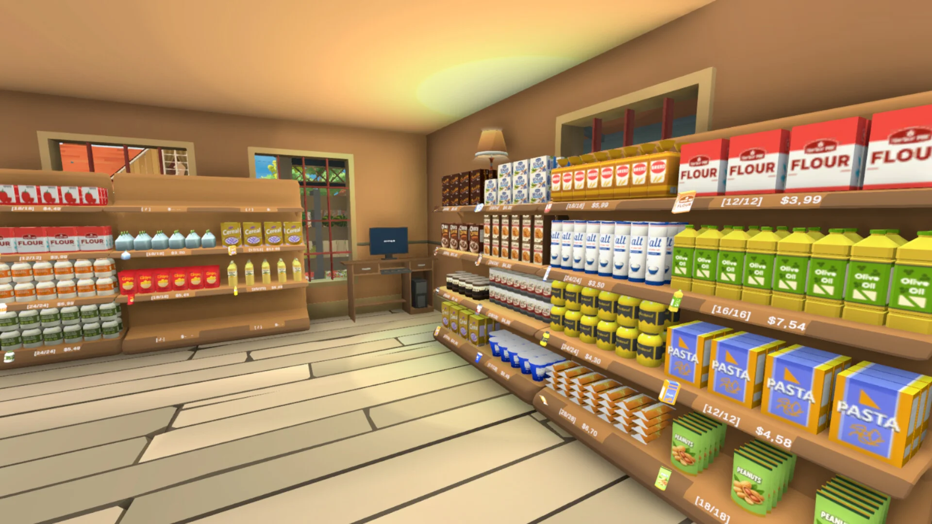 Sproutmart grocery interior with stocked shelves and a queue toward the register