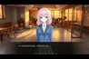 Pink-haired girl in a blue jacket in a warm wooden interior