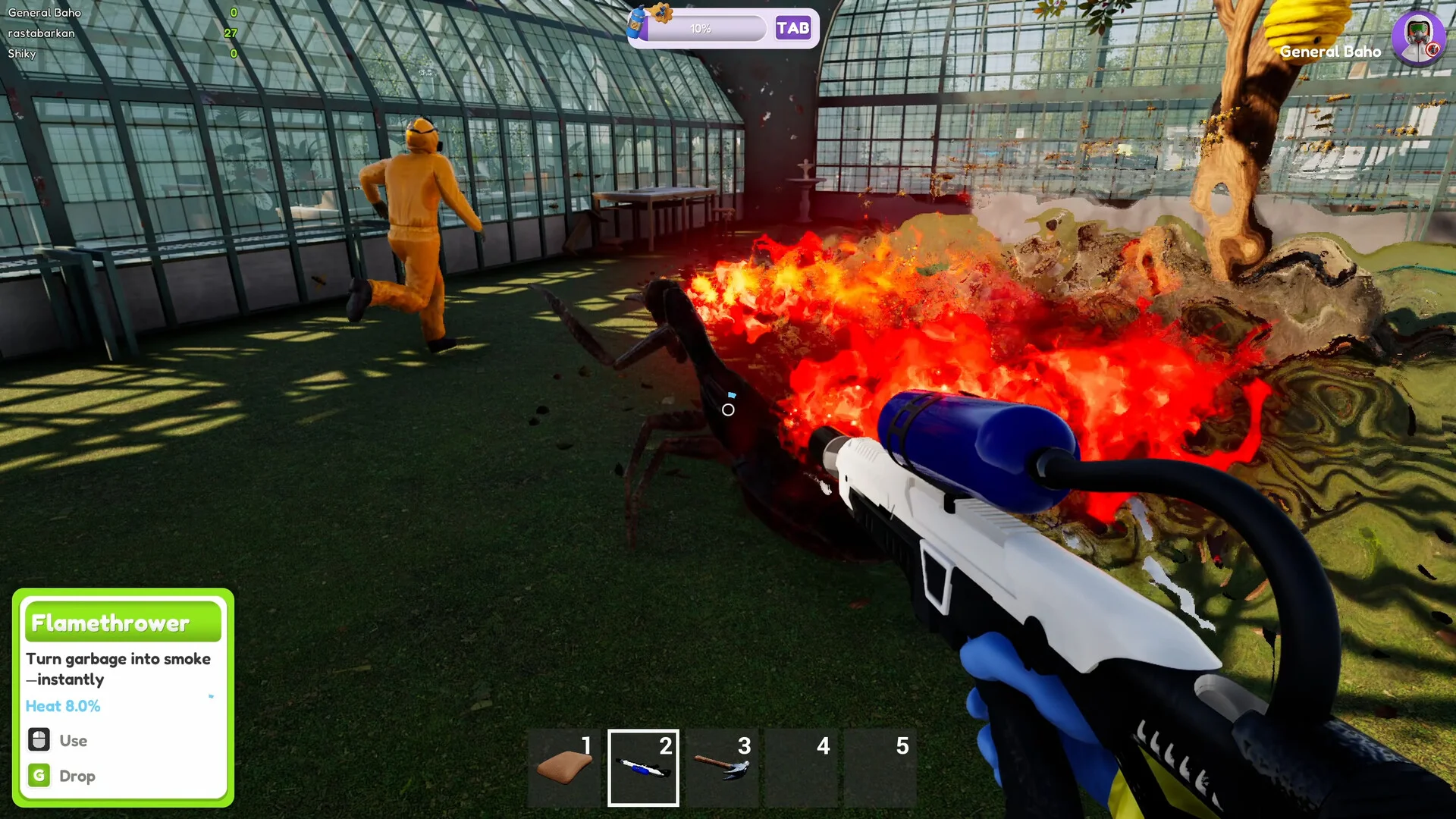 Greenhouse first-person, flamethrower Heat 8.0%, giant spider on fire, orange hazmat running, TAB bar, General Baho nameplate