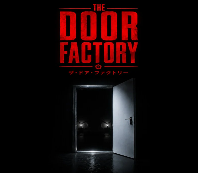 Czerwone logo The Door Factory nad otwartymi białymi drzwiami w ciemności