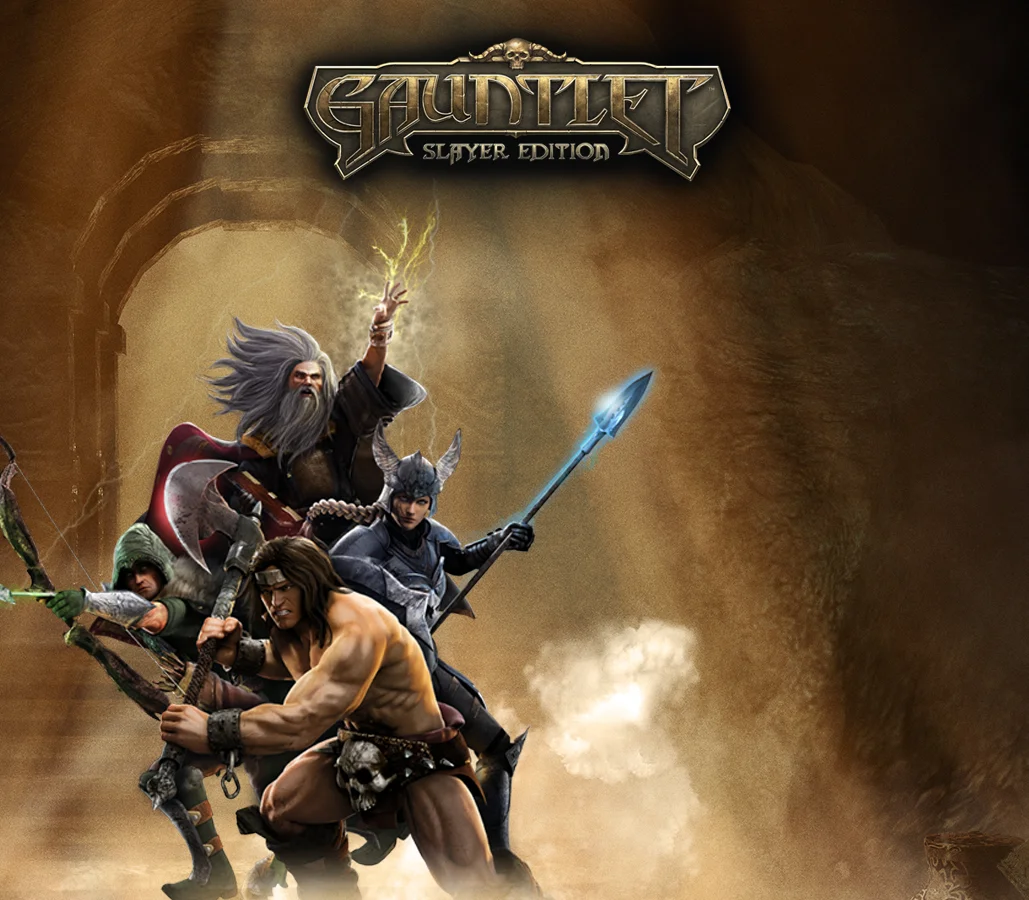 Gauntlet Slayer Edition logo over Warrior with axe, Valkyrie with glowing spear, Wizard with lightning and Elf with bow in a sandstone arch
