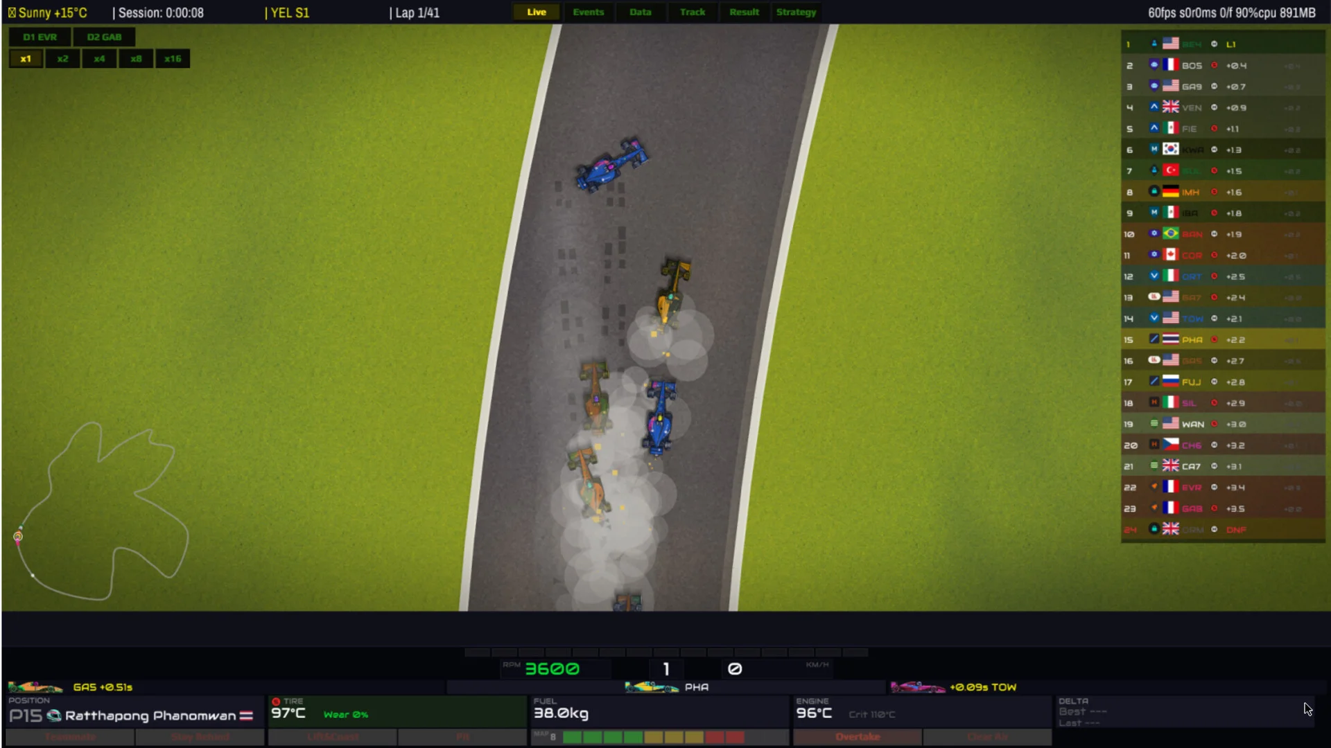 2D pack on yellow S1: tyre smoke, lap 1/41, P15 Ratthepang Phenomuen tyre 97°C