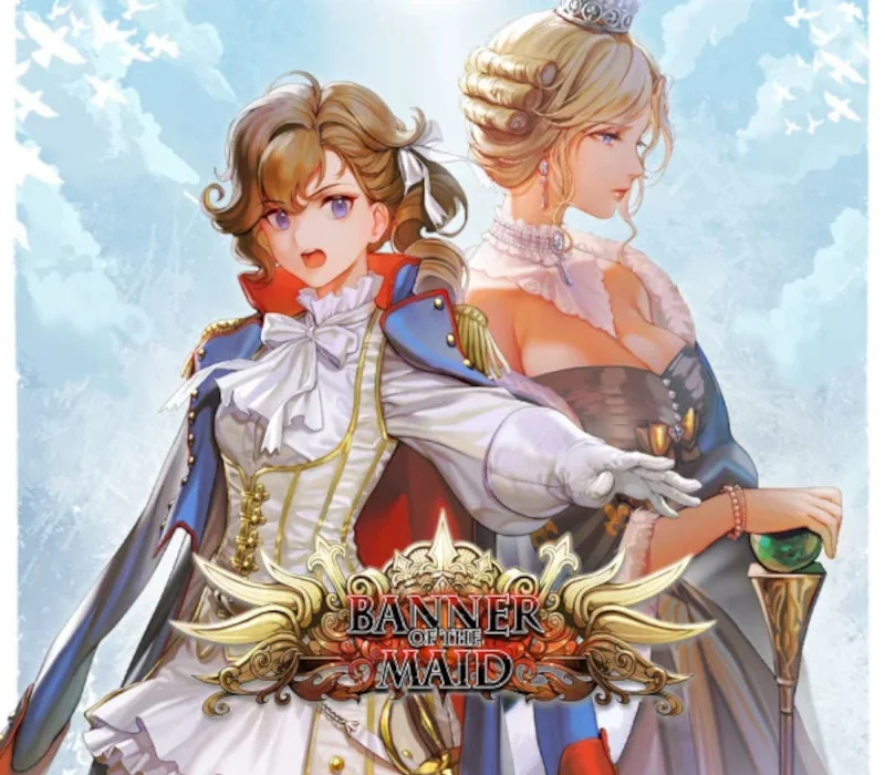 Banner of the Maid cover, brown-haired officer in a white and red coat reaching out, blonde woman with a staff behind