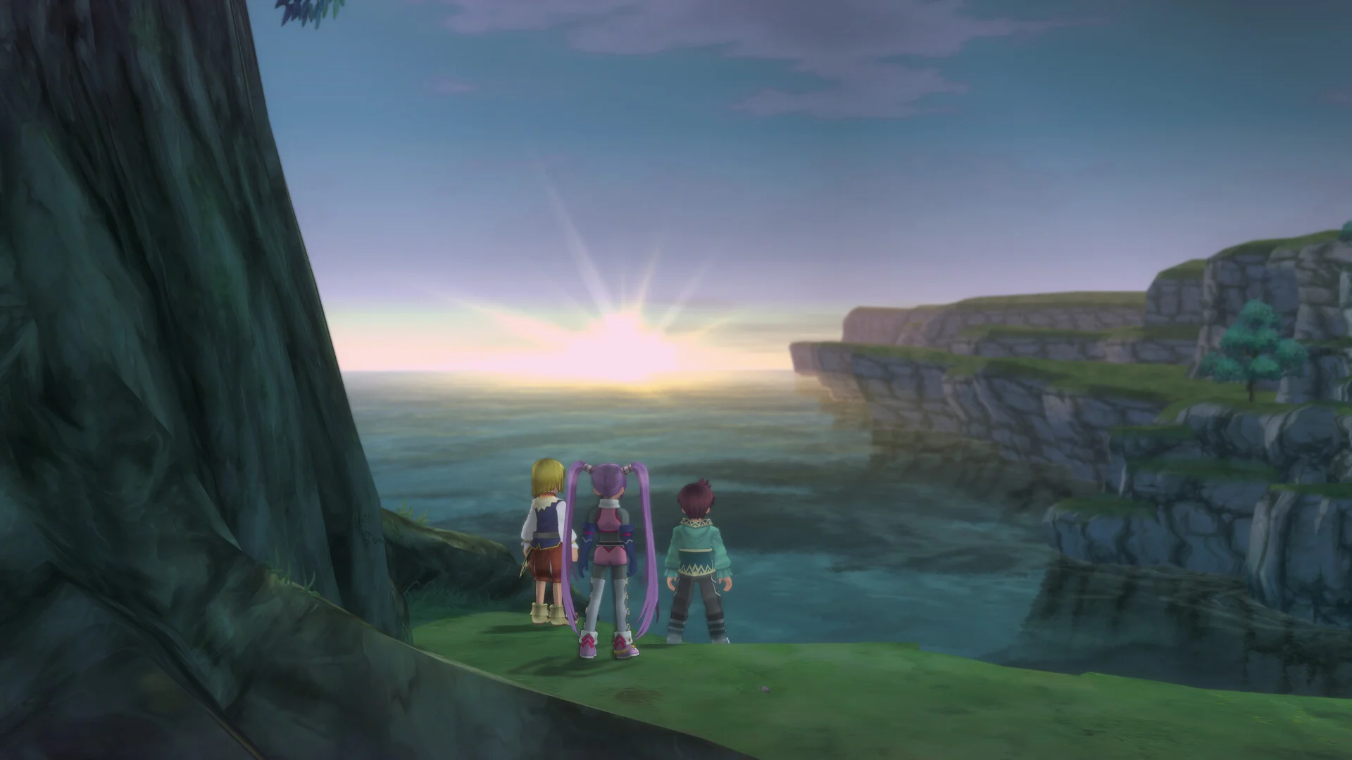 Three childhood friends watching a sunset over coastal cliffs