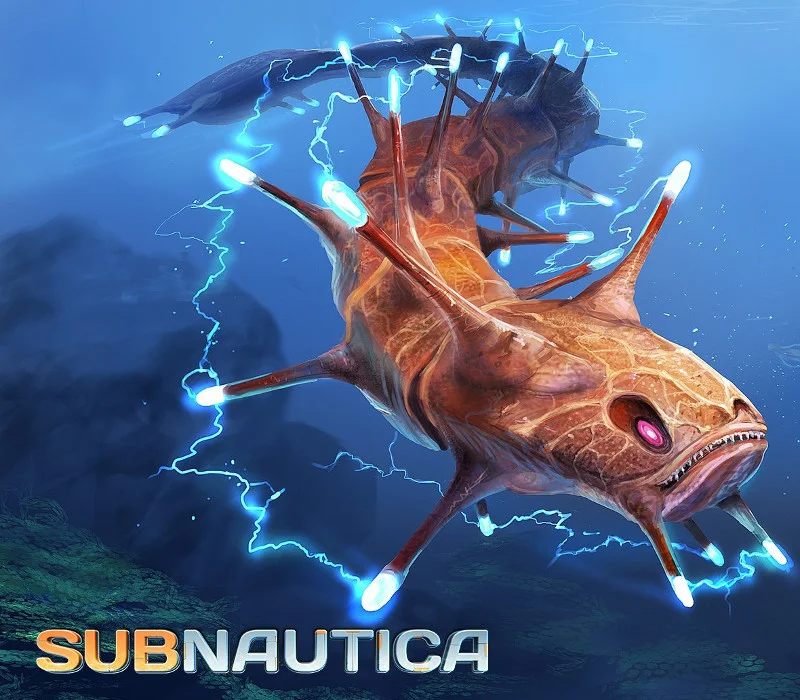 Cover: diver in blue water with reef fish and the SUBNAUTICA logo