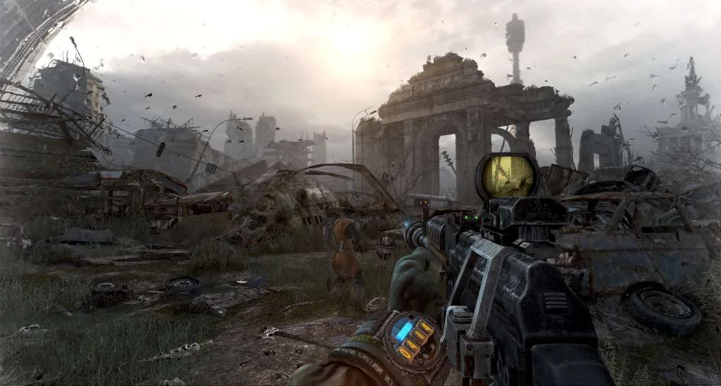 First-person view of a rifle over ruined columns