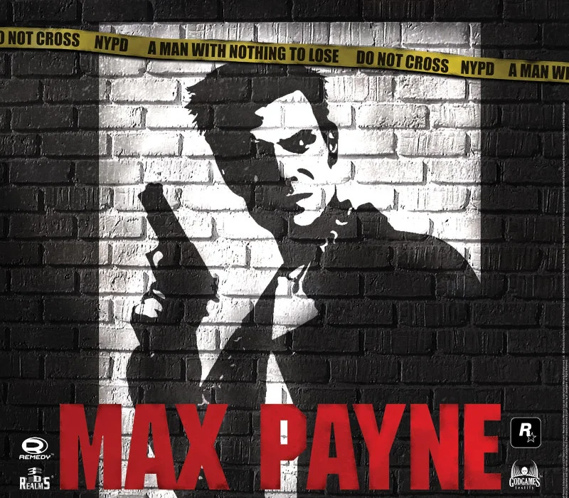 High-contrast stencil of Max Payne with a pistol on brick under yellow NYPD tape and a red Max Payne title