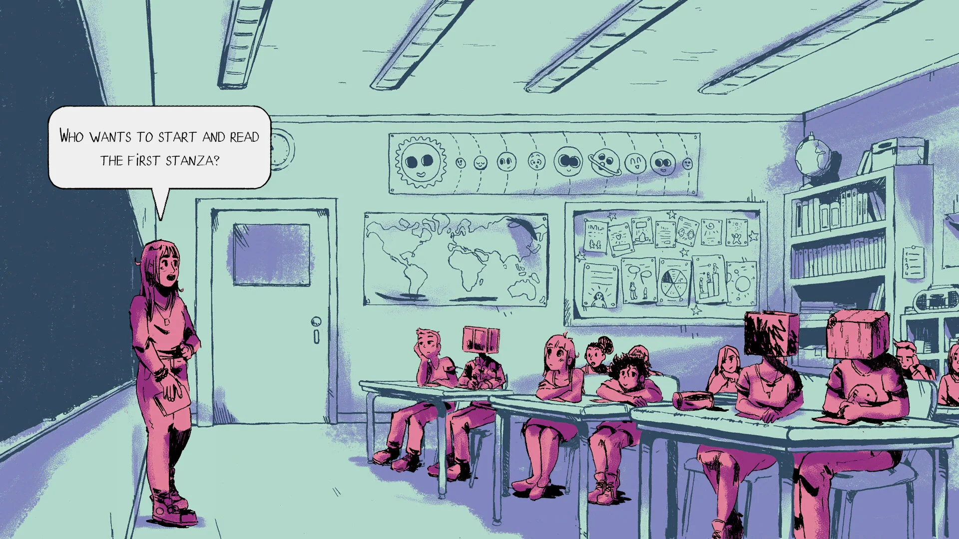 A teacher in pink asks who wants to read the first stanza to a class at desks, some pupils with box heads, a solar-system poster behind