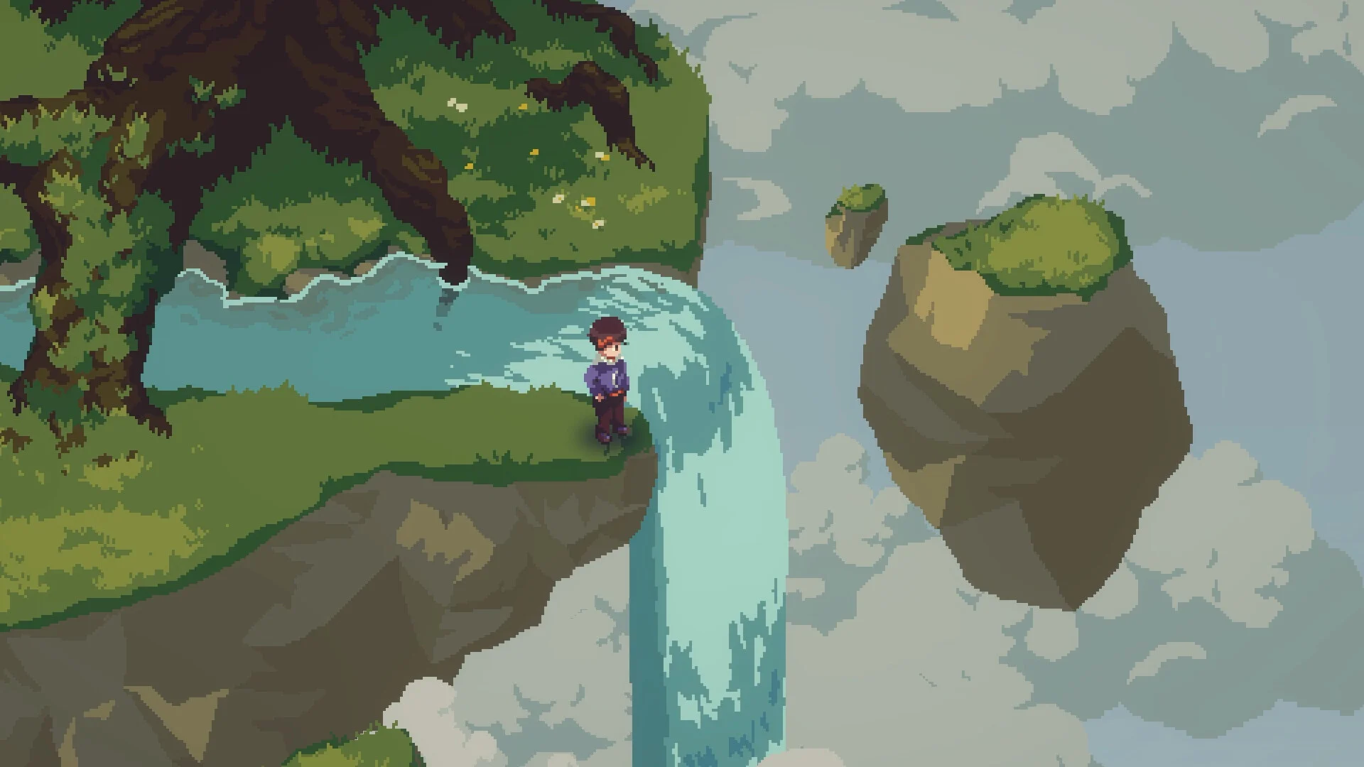 Nocturne hero standing beside a waterfall flowing from a grassy floating island above the clouds