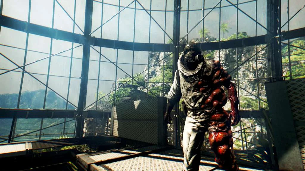 Hazmat-suited mutant with fleshy growths inside a glass observation deck over tropical jungle cliffs