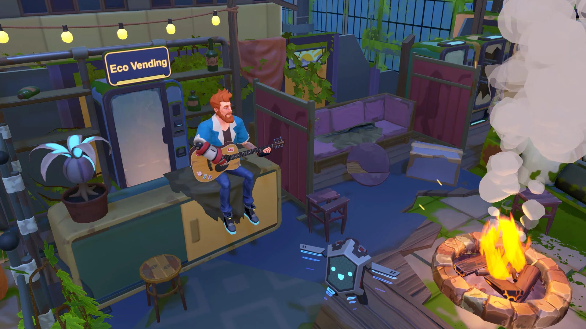 Rooftop camp, Eco Vending sign, man playing guitar on a fridge, small robot, stone fire pit, string lights